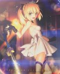  1girl ahoge artoria_pendragon_(fate) bangs bare_shoulders black_gloves blonde_hair breasts dress excalibur_(fate/stay_night) eyebrows_visible_through_hair fate/grand_order fate/unlimited_codes fate_(series) gloves green_eyes happy highres looking_at_viewer looking_to_the_side medium_breasts official_art open_mouth ponytail saber saber_lily smile solo sword thigh-highs third-party_source tongue weapon white_dress 