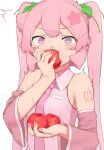  1girl abmayo absurdres bare_shoulders breasts commentary_request detached_sleeves eating food food_in_mouth fruit green_ribbon hair_ornament hair_ribbon hatsune_miku highres holding holding_food holding_fruit long_hair looking_at_viewer medium_breasts nail_polish necktie pink_eyes pink_hair pink_nails ribbon shirt solo twintails upper_body vocaloid 