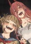  2girls :d artist_name blonde_hair blood blood_on_face blush boku_no_hero_academia breasts chainsaw_man crossover fangs hair_between_eyes horns kadeart long_hair looking_at_viewer multiple_girls power_(chainsaw_man) red_eyes sailor_collar sharp_teeth smile teeth toga_himiko trait_connection 