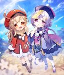  2girls ahoge backpack bag beads blonde_hair bloomers boots braid braided_ponytail brown_footwear brown_gloves clouds coin coin_hair_ornament dress elf feathers finger_to_mouth full_body genshin_impact gloves hair_ornament hat hat_feather highres jiangshi klee_(genshin_impact) knee_boots long_hair looking_at_viewer low_twintails multiple_girls ofuda open_mouth outdoors pantyhose pluie_nono pointy_ears ponytail purple_dress purple_footwear purple_hair purple_headwear qiqi_(genshin_impact) red_dress red_eyes red_headwear shoes sky sleeves_past_wrists smile talisman twintails underwear violet_eyes white_bloomers white_legwear 