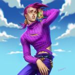  1boy artist_name blue_pants calling freckles frog jojo_no_kimyou_na_bouken long_hair long_sleeves pants ponytail purple_hair rakavka sky solo sweater turtleneck vento_aureo vinegar_doppio 