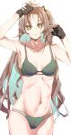  1girl absurdres bare_arms black_gloves blue_hair bra breasts brown_eyes brown_hair collarbone colored_inner_hair commentary_request cowboy_shot e_sky_rugo fingerless_gloves girls_frontline gloves green_bra green_panties hands_up highres linea_alba long_hair looking_at_viewer multicolored_hair navel panties ribs scar scar_across_eye simple_background small_breasts solo ump45_(girls&#039;_frontline) underwear white_background 