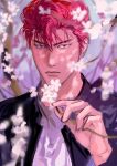  1boy bishounen black_eyes black_jacket cherry_blossoms close-up closed_mouth dappled_sunlight highres holding holding_plant jacket looking_at_viewer male_focus mukur_sd open_clothes open_jacket outdoors plant pompadour redhead sakuragi_hanamichi shirt short_hair slam_dunk_(series) solo sunlight toned toned_male upper_body white_shirt 