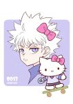  1boy 1girl annoyed bangs black_shorts bow closed_mouth commentary cosplay cropped_shoulders crossover english_commentary eyebrows_visible_through_hair hair_bow hello_kitty hello_kitty_(character) holding hunter_x_hunter kariki_hajime killua_zoldyck killua_zoldyck_(cosplay) layered_sleeves long_sleeves looking_at_viewer messy_hair no_mouth pink_bow purple_background purple_shirt shirt short_hair short_over_long_sleeves short_sleeves shorts skateboard skateboarding spiky_hair twitter_username two-tone_background violet_eyes white_background white_hair yo-yo 