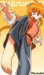  1girl artist_name barefoot blue_eyes braid braided_ponytail breasts chinese_clothes closed_mouth feet genderswap genderswap_(mtf) long_hair looking_at_viewer ranma-chan ranma_1/2 redhead rog_rockbe simple_background single_braid solo tangzhuang 
