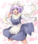  1girl :d apron blue_eyes blush breasts cropped_legs ginnkei hat highres large_breasts letty_whiterock light_purple_hair long_sleeves looking_at_viewer open_mouth scarf short_hair simple_background skirt smile solo touhou vest waist_apron white_background white_scarf 