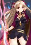  1girl bangs black_dress blonde_hair breasts cape dress earrings ereshkigal_(fate) fate/grand_order fate_(series) gold_trim hair_ribbon highres hood hooded_cape hoop_earrings jewelry long_hair looking_at_viewer medium_breasts meslamtaea_(weapon) open_mouth parted_bangs red_cape red_eyes ribbon shunichi single_sleeve skull solo spine thighs tiara two_side_up weapon 