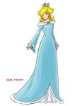  1girl absurdres bangs blonde_hair blue_eyes crown dress earrings hair_over_one_eye highres jewelry long_hair rosalina simple_background solo star_(symbol) star_earrings super_mario_bros. super_mario_galaxy yel_mizuno 