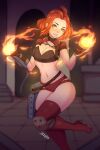  1girl 5-ish armor boots breasts chandra_nalaar commentary copyright_request english_commentary fingerless_gloves fire gloves highres indoors looking_at_viewer magic:_the_gathering navel pauldrons red_eyes redhead shoulder_armor smile solo standing standing_on_one_leg teeth 