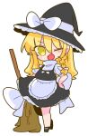 1girl apron blonde_hair blush bow braid broom chibi duplicate full_body hand_on_hip hat hat_bow highres holding holding_broom kirisame_marisa long_hair one_eye_closed op_na_yarou open_mouth pixel-perfect_duplicate simple_background skirt solo standing standing_on_one_leg touhou white_background witch_hat yellow_eyes 