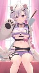  1girl :q absurdres ahoge animal_ears animal_hands bear_ears breasts choker collarbone gloves hand_up highres indie_virtual_youtuber koiten_production long_hair looking_at_viewer medium_breasts mole mole_on_breast multicolored_hair navel paw_gloves pink_hair purple_choker purple_hair purple_shorts shorts sitting solo starfox1015 sword sword_behind_back tongue tongue_out under_boob virtual_youtuber weapon weapon_on_back white_hair xiho_(vtuber) 