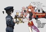  2girls :&lt; ? ahoge ambulance baton_(weapon) belt black_legwear breasts cardigan confused dongdong_(0206qwerty) dragon_girl dragon_horns dragon_tail english_text full_body gradient_hair hat highres hololive holster horns kiryu_coco large_breasts medic misunderstanding multicolored_hair multiple_girls new_york new_york_city_fire_department new_york_city_police_department orange_hair paramedic pink_hair police police_hat police_uniform policewoman sakura_miko shoes standing stretcher sweat sweatdrop tail talking tears thigh-highs uniform upper_body weapon yellow_cardigan 