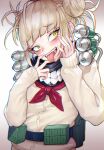  1girl bangs belt blonde_hair blunt_bangs blush boku_no_hero_academia double_bun eyebrows_visible_through_hair gradient gradient_background grey_background hands_up highres hyuu_(sing-dog) long_sleeves looking_at_viewer messy_hair neckerchief open_mouth red_neckerchief shiny shiny_hair sideways_glance smile solo toga_himiko tongue tongue_out tube upper_body yellow_eyes 