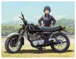  1girl blue_hair commentary day doyagao ground_vehicle hands_on_hips highres horikou jacket motor_vehicle motorcycle mount_fuji outdoors scenery shima_saki short_hair smug solo violet_eyes yamaha yamaha_sr400 yurucamp 