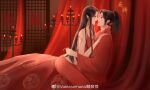  1boy 1girl absurdres bed black_hair cai_lin_(doupo_cangqiong) candle couple doupo_cangqiong happy highres kiss lamia long_hair monster_girl on_lap tattoo vuelasemana_lin_dian_nie weibo_id weibo_logo 