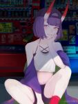  1girl artist_name backwards_hat bangs black_shorts black_undershirt casual crop_top fate/grand_order fate_(series) hat highres horns jueri looking_to_the_side navel oni oni_horns purple_hair red_legwear shirt short_hair shorts shuten_douji_(fate) sitting smile thick_eyebrows vending_machine white_shirt 