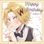  1boy absurdres black_bow black_bowtie black_vest blonde_hair blush boku_no_hero_academia border bow bowtie collared_shirt confetti happy_birthday highres kaminari_denki looking_at_viewer male_focus rapiko shirt smile solo vest white_background white_shirt yellow_border yellow_eyes 