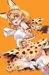 1girl action akegata_tobari animal_ears bare_shoulders blonde_hair blush bow bowtie cat_ears cat_girl cat_tail commentary_request elbow_gloves extra_ears eyebrows_visible_through_hair fangs gloves high-waist_skirt highres kemono_friends looking_at_viewer multicolored_hair open_mouth paw_print_soles print_bow print_bowtie print_gloves print_legwear print_skirt serval_(kemono_friends) serval_print shirt short_hair skirt sleeveless solo tail thigh-highs white_footwear white_shirt yellow_eyes zettai_ryouiki 