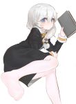  bangs black_dress blue_eyes book closed_mouth dokomon dress eyebrows_visible_through_hair feet_out_of_frame hair_between_eyes highres holding holding_book honkai_(series) honkai_impact_3rd knees_together_feet_apart long_hair long_sleeves looking_at_viewer lying no_shoes on_side pantyhose simple_background soles theresa_apocalypse white_background white_hair white_legwear 