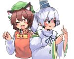  2girls :q ;d animal_ear_fluff animal_ears blush brown_eyes brown_hair cat_ears chen cropped_torso earrings fang fingernails fire flame ginnkei green_headwear hat jewelry long_fingernails long_sleeves matches mononobe_no_futo multiple_girls multiple_tails nail_polish one_eye_closed open_mouth ponytail short_hair single_earring smile tail tongue tongue_out touhou upper_body white_background 