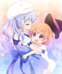  2girls :d ^_^ age_regression angora_rabbit animal_on_head araki495 bare_arms bare_shoulders black_headwear blue_bow blue_dress blue_flower blue_hair blush bow brown_hair child closed_eyes commentary_request dress flower gloves gochuumon_wa_usagi_desu_ka? hair_flower hair_ornament hat hat_removed headwear_removed highres hoto_cocoa kafuu_chino long_hair magical_girl multiple_girls on_head one_side_up open_mouth pink_flower pleated_dress profile puffy_short_sleeves puffy_sleeves rabbit revision shirt short_sleeves sleeveless sleeveless_dress smile star_(symbol) time_paradox tippy_(gochiusa) twintails violet_eyes white_dress white_gloves white_shirt witch_hat x_hair_ornament younger yuri 