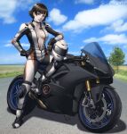  1girl alternate_costume arm_rest biker_clothes bikesuit bodysuit boots breasts brown_hair choker day ducati elbow_pads english_commentary full-length_zipper full_body gloves ground_vehicle hand_on_hip helmet highres instagram_username knee_pads lips long_sleeves looking_at_viewer medium_breasts motor_vehicle motorcycle motorcycle_helmet navel niijima_makoto no_bra outdoors pale_skin partially_unzipped persona persona_5 red_eyes rondeu shiny shiny_hair short_hair smile solo standing standing_on_one_leg stomach zipper 