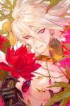  1boy armor bangs bishounen blue_eyes cape chest_jewel commentary_request earrings egawa_akira fate/apocrypha fate/extella fate/extella_link fate/extra fate/extra_ccc fate/extra_ccc_fox_tail fate/grand_order fate_(series) flower fur_collar hair_between_eyes highres holding holding_flower jewelry karna_(fate) light_blush looking_at_viewer male_focus pale_skin red_flower short_hair single_earring smile solo spikes spiky_hair teeth upper_body white_hair 