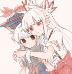 2girls :t arm_up bangs blunt_bangs book bow cheek_press closed_mouth collared_shirt dot_nose expressionless from_side fujiwara_no_mokou hair_bow half_updo hands_up hat heads_together high-waist_pants holding holding_book hug hug_from_behind itomugi-kun kamishirasawa_keine light_blue_hair long_hair multiple_girls narrowed_eyes neckerchief open_book pale_color pants pink_background reading red_eyes red_neckerchief red_pants shirt shirt_tucked_in short_sleeves simple_background suspenders tokin_hat torn_clothes torn_sleeves touhou upper_body w_arms white_bow white_hair white_shirt wrist_cuffs 
