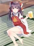 1girl alcohol ascot bare_legs bare_shoulders barefoot beer beer_mug blush bow breasts brown_eyes brown_hair collared_vest commentary_request cup detached_sleeves drunk feet_out_of_frame foam frilled_skirt frills hair_tubes hakurei_reimu highres holding medium_hair mug parted_lips red_bow red_skirt red_vest ribbon-trimmed_sleeves ribbon_trim sidelocks sitting skirt small_breasts tatami thighs toes touhou vest white_sleeves wide_sleeves yellow_ascot yokozuwari yurara_(aroma42enola) 