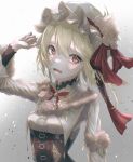  1girl absurdres alternate_costume bangs blonde_hair fang flandre_scarlet flower gradient gradient_background grey_background hair_between_eyes hat highres light_particles looking_at_viewer mob_cap open_mouth red_eyes red_ribbon ribbon simple_background slit_pupils solo teeth tongue touhou tqg_07 upper_body white_headwear 