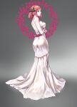  1girl bangs blue_eyes breasts crossed_arms dress from_side full_body go-toubun_no_hanayome grey_background highres jim_dez long_dress long_hair medium_breasts nakano_nino off-shoulder_dress off_shoulder open_mouth pink_hair profile shiny shiny_hair sideboob solo standing wedding_dress white_dress 