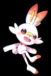  black_background blush buck_teeth commentary_request full_body highres looking_at_viewer norua open_mouth pokemon pokemon_(creature) rabbit scorbunny simple_background smile solo teeth 