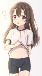 1girl :o ? ass_visible_through_thighs bangs bike_shorts black_shorts blush brown_eyes brown_hair clothes_lift commentary_request eyebrows_visible_through_hair grey_background groin gym_uniform hair_between_eyes hair_ornament hairclip highres lifted_by_self long_hair looking_at_viewer navel open_mouth original pantylines shirt shirt_lift short_shorts short_sleeves shorts solo takasuma_hiro very_long_hair white_shirt