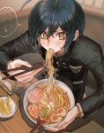  ... 1boy bangs black_hair black_jacket blurry blurry_background blush bowl chopsticks danganronpa_(series) danganronpa_v3:_killing_harmony eating egg_(food) food fruit highres holding holding_chopsticks jacket lemon lemon_slice long_sleeves male_focus noodles orange_eyes ramen saihara_shuuichi sitting solo spoken_ellipsis spoon striped striped_jacket sweat symbol-only_commentary table visket53 