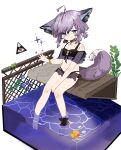  1girl ahoge animal_ear_fluff animal_ears arknights bangs bare_legs bare_shoulders barefoot bikini black_bikini blue_eyes blush closed_mouth commentary_request eyebrows_visible_through_hair food fox_ears fox_girl fox_tail fruit grapes hair_between_eyes headphones_for_animal_ears highres looking_at_viewer navel official_alternate_costume purple_hair rubber_duck ryu_(17569823) see-through sitting soaking_feet solo sparkle sussurro_(arknights) sussurro_(summer_flowers)_(arknights) swimsuit tail water white_background 