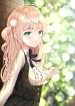  1girl absurdres ahoge blonde_hair blurry blurry_background braid brick_wall copyright_request frills green_eyes highres hime_cut kazanock looking_at_viewer medium_hair nature open_mouth outdoors patterned_clothing shigure_ui_(vtuber) side_ponytail standing sunlight virtual_youtuber wavy_hair 