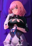  1girl :o absurdres bangs black_leotard blush bob_cut breasts couch from_above gloves grey_eyes highres honkai_(series) honkai_impact_3rd large_breasts leotard looking_at_viewer lying nonbire on_back open_mouth pillow pink_hair short_sleeves single_glove solo timido_cute white_gloves white_legwear 