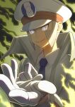  1boy blue_necktie check_commentary coat collared_shirt commentary_request dress_shirt emmet_(pokemon) gloves grey_eyes grey_hair hat high_collar highres long_sideburns long_sleeves male_focus minamo_(erkn7553) necktie parted_lips peaked_cap pokemon pokemon_(game) pokemon_bw shirt short_hair sideburns smile solo teeth trench_coat upper_body upper_teeth white_coat white_gloves white_headwear white_shirt 