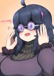  1girl :d @_@ absurdres ahoge alternate_breast_size bangs bespectacled black_hair breasts commentary_request glasses hair_between_eyes hairband hex_maniac_(pokemon) highres john_(a2556349) large_breasts long_sleeves looking_away open_mouth pokemon pokemon_(game) pokemon_xy puffy_long_sleeves puffy_sleeves purple_hairband ribbed_sweater round_eyewear simple_background smile solo sweater turtleneck turtleneck_sweater upper_body violet_eyes 