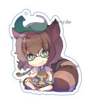  +_+ 1girl animal_ears bangs black-framed_eyewear bottle brown_hair brown_shirt chibi closed_mouth commentary_request eyebrows_visible_through_hair full_body futatsuiwa_mamizou glasses green_eyes hair_between_eyes holding holding_bottle holding_pipe leaf leaf_on_head looking_at_viewer pipe raccoon_ears raccoon_girl raccoon_tail red_skirt sample_watermark semi-rimless_eyewear shirt short_hair simple_background sitting skirt sleeveless sleeveless_shirt smile solo tail tamanotsuyu touhou under-rim_eyewear white_background zouri 