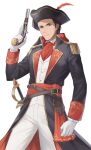  1boy alternate_costume ascot black_hair commission commissioner_upload epaulettes fire_emblem fire_emblem:_thracia_776 fire_emblem_heroes gun hat hat_feather highres male_focus moja_(rainpoow) pirate pirate_costume pirate_hat reinhardt_(fire_emblem) solo sword weapon 