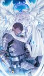  1boy 1girl absurdres adventurer_(ff14) armor beard closed_eyes crystal facial_hair final_fantasy final_fantasy_xiv glowing glowing_eyes highres hug hydaelyn looking_at_another on_(isk1812) paladin_(final_fantasy) sleeping smile spoilers tears white_hair 