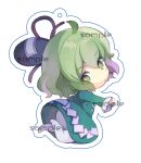  +_+ 1girl bangs black_headwear black_ribbon blush chibi closed_mouth commentary_request dress full_body green_dress green_eyes green_hair hat hat_ribbon long_sleeves looking_at_viewer looking_back medium_hair ofuda ofuda_on_clothes ribbon sample_watermark simple_background soga_no_tojiko solo tamanotsuyu tate_eboshi touhou white_background 