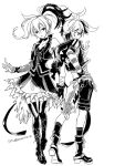  2girls arm_warmers asymmetrical_sleeves bandaged_arm bandages bare_shoulders belt choker commentary contrapposto dual_persona emu_(marico_w) flower_(vocaloid) from_behind full_body fur-trimmed_skirt fur_trim greyscale half-closed_eyes hand_on_hip high_heels highres kilt lace-up_top long_hair monochrome multicolored_hair multiple_girls ponytail shirt short_hair shorts simple_background single_arm_warmer sketch skirt sleeveless sleeveless_jacket sleeveless_shirt streaked_hair thigh-highs twitter_username v_flower_(vocaloid4) vest vocaloid white_background 