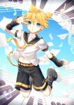  1boy aroeruji3 bass_clef blonde_hair blue_eyes detached_sleeves headset highres kagamine_len leg_warmers looking_at_viewer male_focus midriff midriff_peek musical_note navel necktie open_mouth paper paper_airplane piano_keys sailor_collar shorts sky solo staff_(music) vocaloid yellow_belt yellow_necktie 