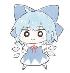  1girl :&gt; ahoge black_footwear blue_bow blue_dress blue_hair bow bright_pupils cirno closed_mouth cyu_ta dress eyebrows_visible_through_hair full_body hair_bow hands_on_hips highres ice ice_wings looking_at_viewer red_ribbon ribbon short_hair short_sleeves simple_background smile solo standing symbol-only_commentary touhou white_background white_legwear white_pupils wings 