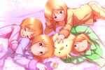  4girls blonde_hair blush bodysuit clone elpeo_puru gundam gundam_zz highres long_hair looking_at_another multiple_girls onimaru_(onimal7802) open_mouth orange_hair original pajamas pilot_suit puru_two short_hair sleeping sleepover smile violet_eyes 