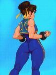  1girl ass blue_bodysuit bodysuit brown_hair chun-li clenched_hands cowboy_shot double_bun earrings english_commentary fortnite from_behind hair_ribbon highres jewelry kneepits muscular muscular_female ribbon short_hair skin_tight sleeveless solo street_fighter street_fighter_zero_(series) studded_bracelet thick_thighs thighs tyto_alba vest yellow_ribbon 