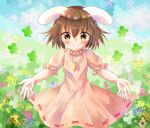  1girl animal_ears bangs blush breasts brown_eyes brown_hair carrot_necklace closed_mouth commentary_request cowboy_shot dress eyebrows_visible_through_hair floppy_ears frilled_sleeves frills hair_between_eyes inaba_tewi incoming_hug jewelry looking_at_viewer multicolored_eyes orange_eyes outstretched_arms pendant pink_dress puffy_short_sleeves puffy_sleeves rabbit_ears ribbon-trimmed_dress short_hair short_sleeves small_breasts smile solo touhou wavy_hair yellow_eyes yukishiro_yayoi 
