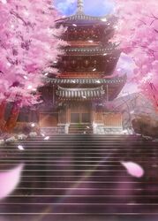  architecture bush cherry_blossoms commentary_request day east_asian_architecture falling_petals kamo_nasus. no_humans original outdoors petals scenery stairs sunlight tree 